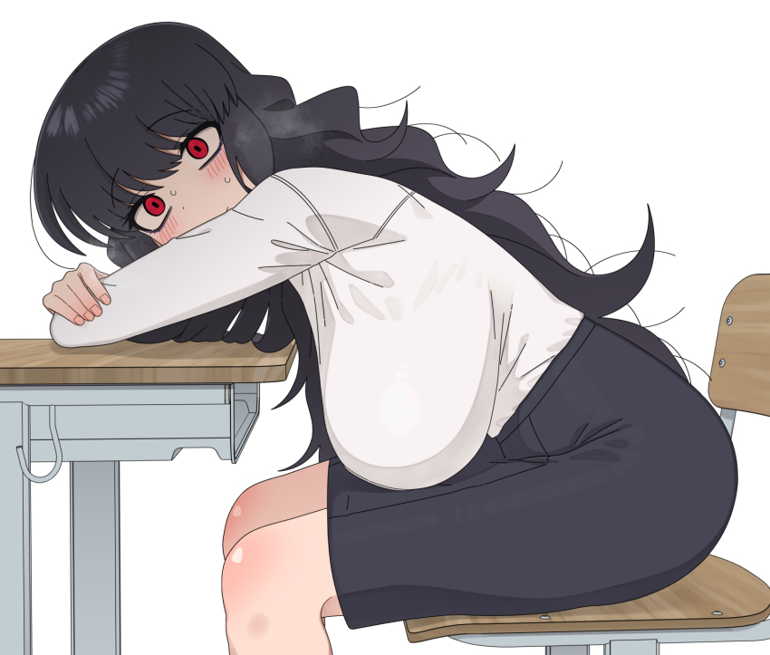 1girl black_hair black_skirt breasts chair crossed_arms desk dot_nose from_side hair_over_breasts highres huge_breasts leaning_forward long_hair long_sleeves looking_at_viewer nakta on_chair pencil_skirt red_eyes school_chair school_desk school_uniform shirt sideboob sidelocks simple_background sitting skirt solo sweat very_long_hair wavy_hair white_background white_shirt yang_darae you&#039;re_under_my_skin!