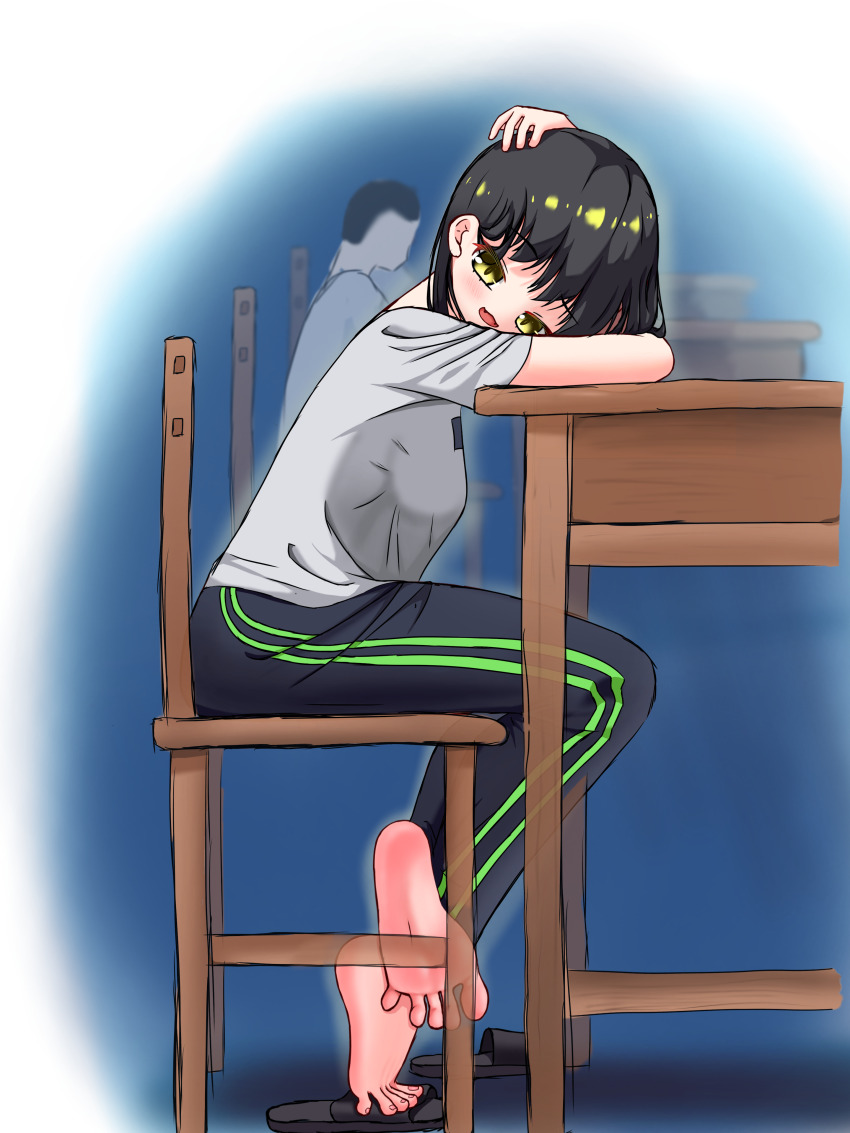 1girl absurdres barefoot black_hair chair desk feet highres light_blush looking_at_viewer medium_hair open_mouth school_desk shirt shoes sitting slippers soles t-shirt toes transparent_background tsukasa49003 unworn_shoes yellow_eyes