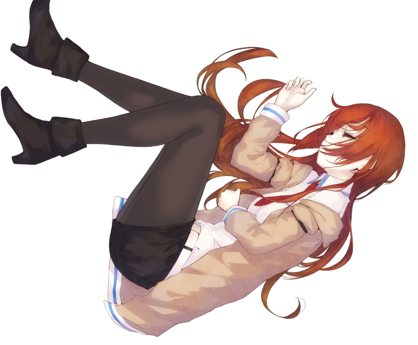 1girl closed_eyes female_focus highres jacket la-na long_hair lying makise_kurisu necktie on_side pantyhose pantyhose_under_shorts red_hair red_necktie shorts simple_background solo steins;gate white_background