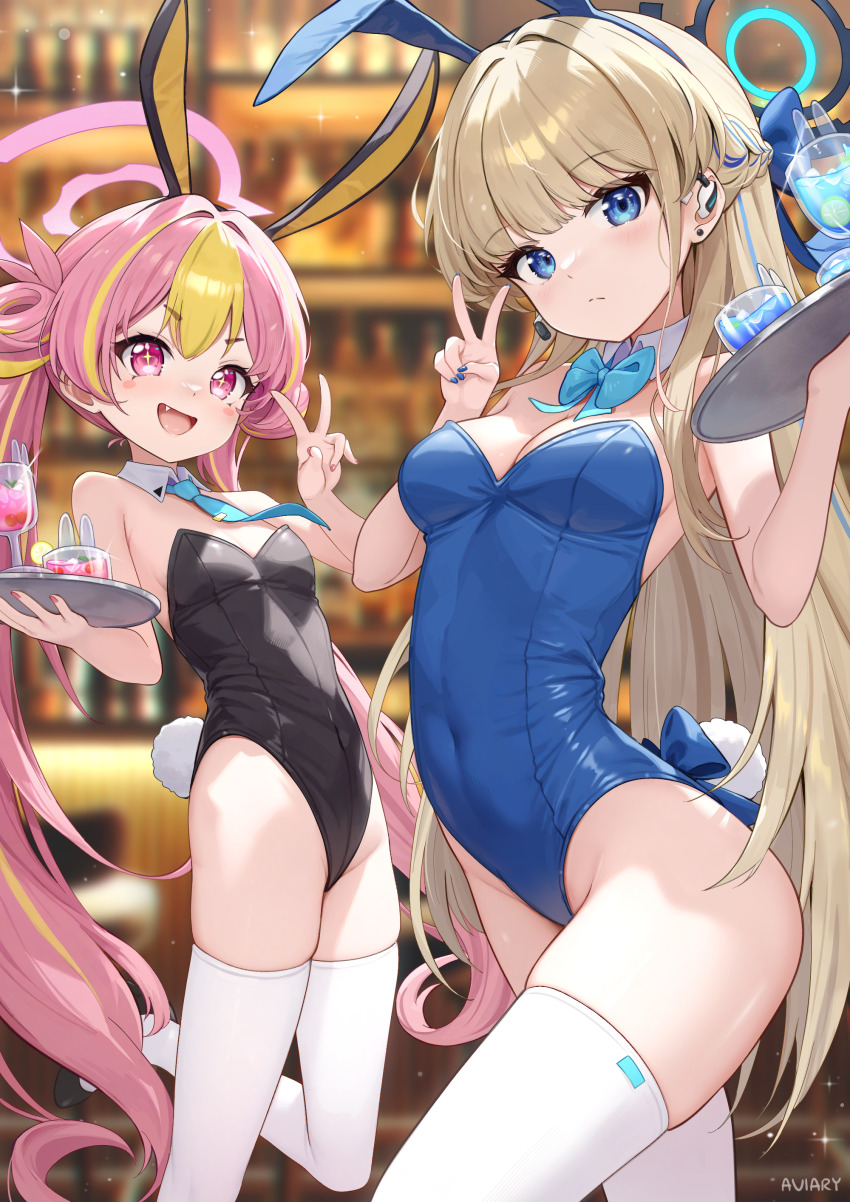 2girls absurdres animal_ears aviary bare_shoulders black_leotard blonde_hair blue_archive blue_eyes blue_leotard blue_necktie blush bow bowtie braid breasts cleavage cup detached_collar drinking_glass fake_animal_ears halo highleg highleg_leotard highres koyuki_(blue_archive) koyuki_(bunny)_(blue_archive) leotard long_hair looking_at_viewer medium_breasts multicolored_hair multiple_girls necktie pink_eyes pink_hair playboy_bunny rabbit_ears revision small_breasts streaked_hair thighhighs thighs toki_(blue_archive) toki_(bunny)_(blue_archive) tray twintails white_thighhighs wrist_cuffs