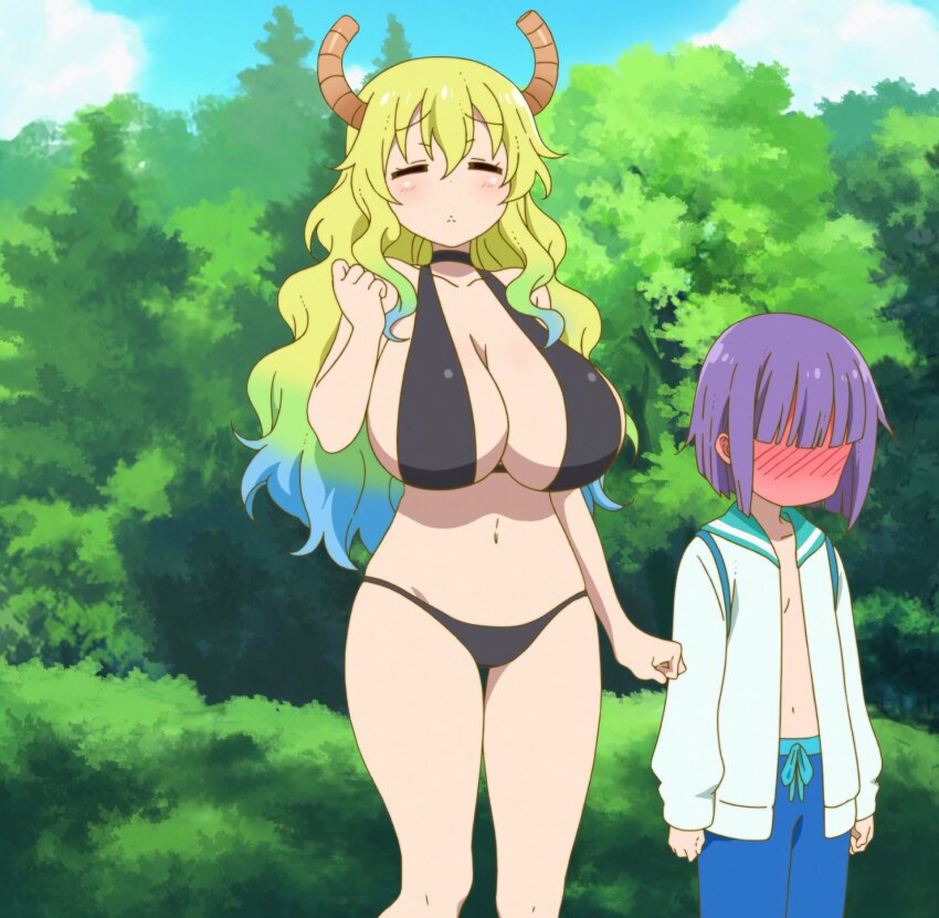 1boy 1girl age_difference anime_screenshot bikini blonde_hair blush breasts closed_eyes curvy dragon_girl embarrassed horns huge_breasts kobayashi-san_chi_no_maidragon long_hair lucoa_(maidragon) magatsuchi_shouta multicolored_hair navel onee-shota purple_hair short_hair shota swimsuit