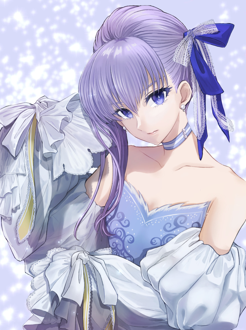 1girl bare_shoulders blue_dress blue_eyes blue_ribbon breasts choker collarbone detached_sleeves dress earrings fate/grand_order fate_(series) ginshima_jill hair_ribbon highres jewelry long_hair long_sleeves looking_at_viewer meltryllis meltryllis_(fate) meltryllis_(swimsuit_lancer)_(fate) puffy_sleeves purple_hair ribbon sleeves_past_fingers sleeves_past_wrists small_breasts