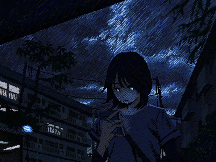 1girl black_hair building cellphone closed_mouth cloud cloudy_sky dark expressionless eye_reflection highres holding holding_phone jimomommo layered_sleeves long_sleeves looking_at_phone medium_request original outdoors phone power_lines reflection shirt short_over_long_sleeves short_sleeves shoulder_strap sky smartphone solo storm_cloud tree upper_body