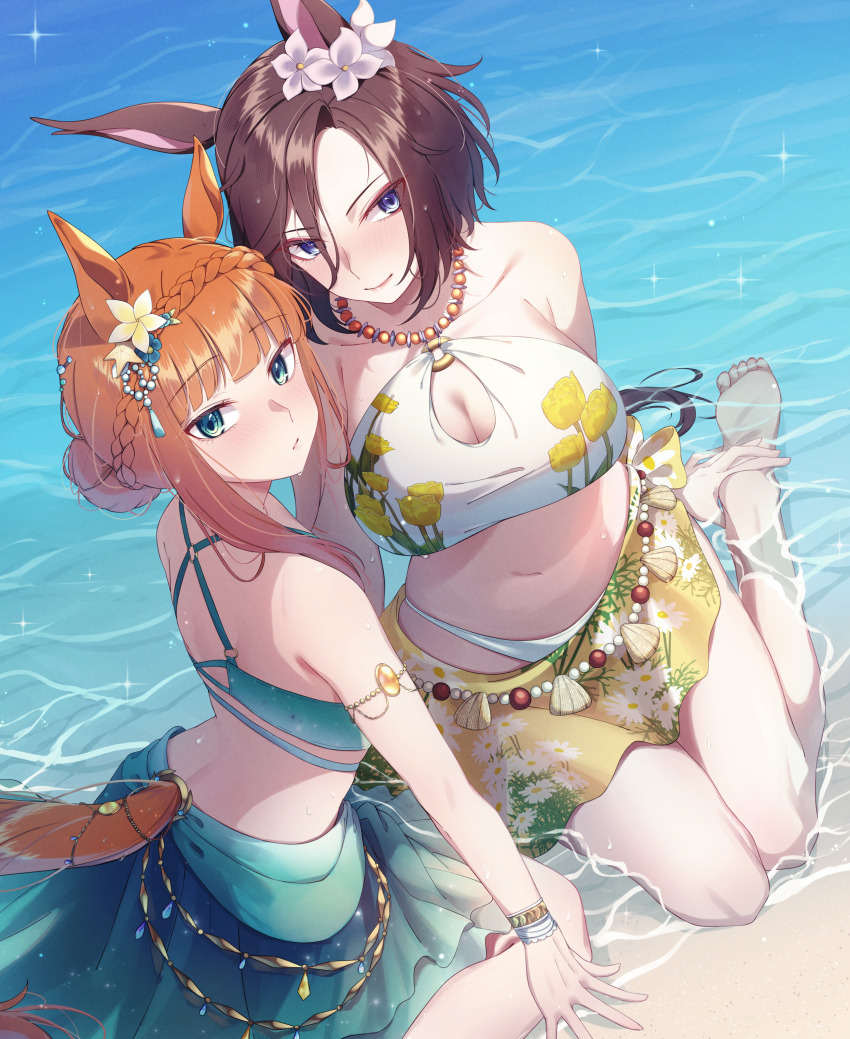 2girls absurdres air_groove_(seaside_bloom)_(umamusume) air_groove_(umamusume) animal_ears bare_shoulders barefoot bikini bracelet braid brown_hair closed_mouth clothing_cutout commentary_request flower green_bikini green_eyes hair_flower hair_ornament highres horizon horse_ears horse_girl horse_tail jewelry long_hair looking_at_viewer multiple_girls navel necklace orange_hair outdoors purple_eyes sarong short_hair silence_suzuka_(emerald_on_the_waves)_(umamusume) silence_suzuka_(umamusume) sitting smile stomach sugamo_(rainysnowy108) swimsuit tail tail_through_clothes umamusume water waves wet white_bikini yokozuwari