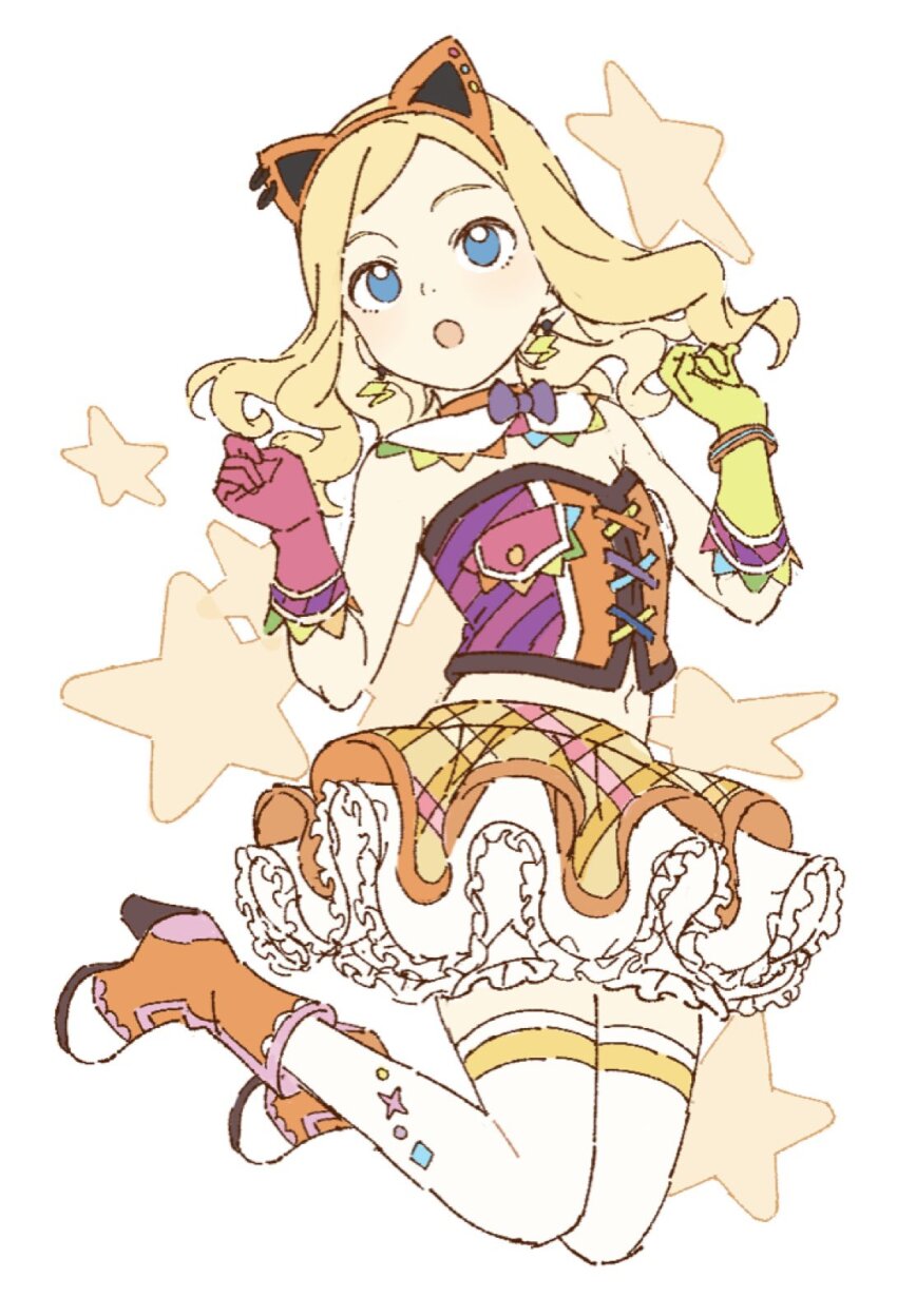 1girl :o aikatsu!_(series) animal_ear_hairband animal_ears bare_shoulders blonde_hair blue_eyes boots cat_ear_hairband cat_ears commentary detached_collar fake_animal_ears frilled_skirt frills full_body ginjiro_(ginjiroxx) gloves green_gloves hairband hands_up high_heel_boots high_heels highres idol_clothes jumping long_hair looking_up midriff open_mouth orange_footwear orange_skirt pink_gloves player_character_(aikatsu) skirt solo star_(symbol) symbol-only_commentary thighhighs white_background white_thighhighs