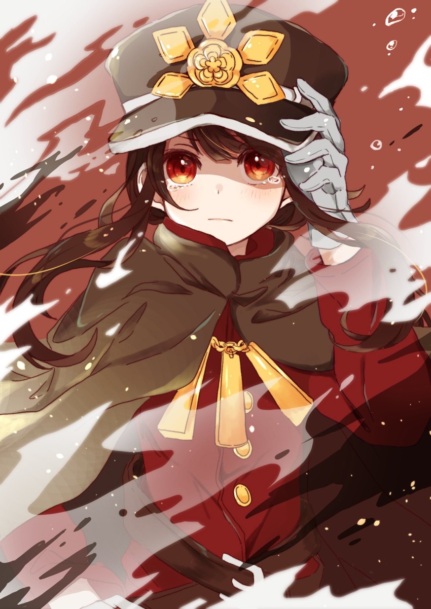 1boy adjusting_clothes adjusting_headwear belt black_cape black_hat brown_belt brown_hair cape center-flap_bangs closed_mouth cowboy_shot crest determined family_crest fate/grand_order fate_(series) floating_cape floating_hair frown gloves grey_gloves hair_between_eyes hand_on_own_hip hand_up hat high_collar highres jacket kepi light_particles long_hair long_sleeves looking_at_viewer low_ponytail male_focus military_hat military_uniform oda_nobukatsu_(fate) oda_uri red_background red_eyes red_jacket sidelocks solo tearing_up v-shaped_eyebrows water_drop yui_(tamagohan)