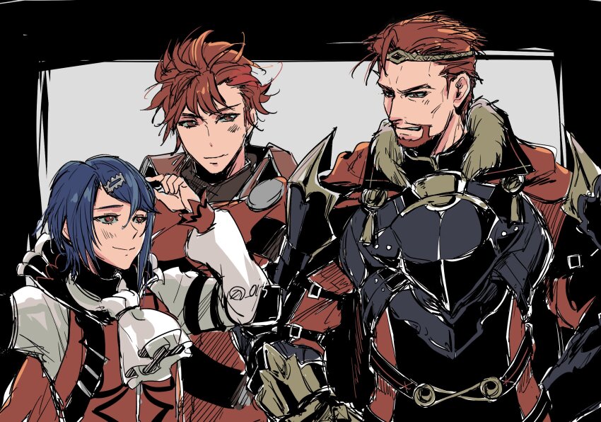 3boys alcryst_(fire_emblem) armor ascot beard black_armor blue_hair brothers dark_blue_hair diamant_(fire_emblem) facial_hair family father_and_son fire_emblem fire_emblem_engage full_beard highres male_focus morion_(fire_emblem) multiple_boys nintendo red_eyes red_hair siblings umi_(_oneinchswing) white_ascot