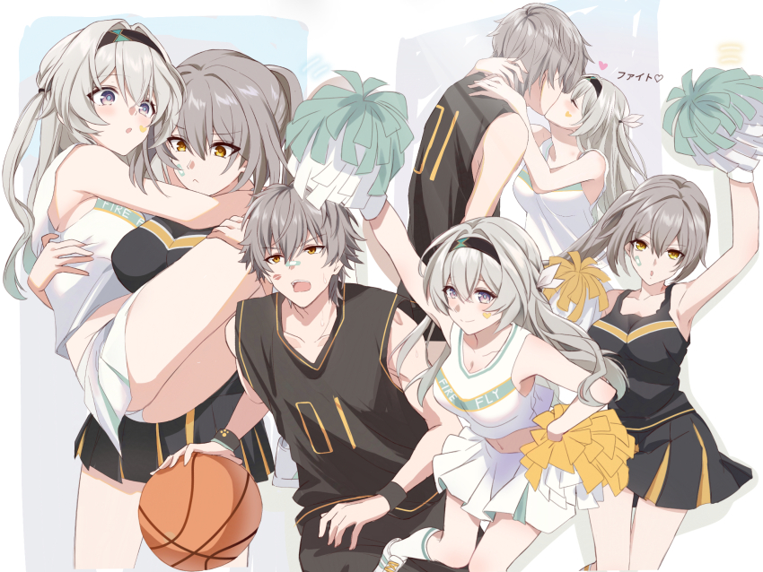 1boy 2girls alternate_costume basketball basketball_jersey basketball_uniform black_hairband caelus_(honkai:_star_rail) carrying cheerleader closed_eyes firefly_(honkai:_star_rail) grey_hair hair_intakes hairband heart_sticker hetero highres holding holding_pom_poms honkai:_star_rail honkai_(series) kiss multiple_girls navel pom_pom_(cheerleading) pom_poms princess_carry saint_laurent_paris skirt sportswear stelle_(honkai:_star_rail) sticker tank_top trailblazer_(honkai:_star_rail) white_skirt