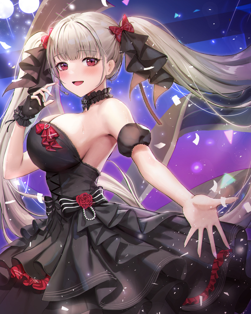 1girl absurdres azur_lane black_choker black_dress black_gloves blush bow breasts choker commentary_request detached_sleeves dress earpiece fingerless_gloves formidable_(azur_lane) formidable_(muse)_(azur_lane) frilled_choker frills from_side gloves grey_hair hair_bow hair_ornament highres jademoon large_breasts long_hair looking_at_viewer official_alternate_costume puffy_sleeves red_bow red_eyes sideboob single_fingerless_glove single_glove skindentation smile solo upper_body