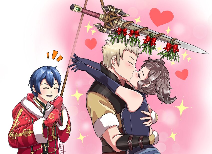 1boy 2girls blonde_hair blue_gloves blue_hair brown_hair christmas closed_eyes commission couple cynthia_(fire_emblem) elbow_gloves fire_emblem fire_emblem_awakening fur_trim gloves heart highres hug kagura_oni kiss mistletoe morgan_(fire_emblem) morgan_(male)_(fire_emblem) multiple_girls nintendo owain_(fire_emblem) pink_background red_gloves rope santa_costume short_sleeves short_twintails simple_background smile sword twintails weapon