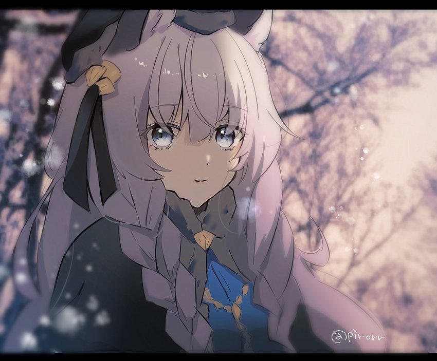 1girl animal_ears arknights braid cat_ears cat_girl commentary grey_eyes hat letterboxed long_hair official_alternate_costume parted_lips pirorr pramanix_(arknights) pramanix_(caster&#039;s_frost)_(arknights) silver_hair snow solo twin_braids