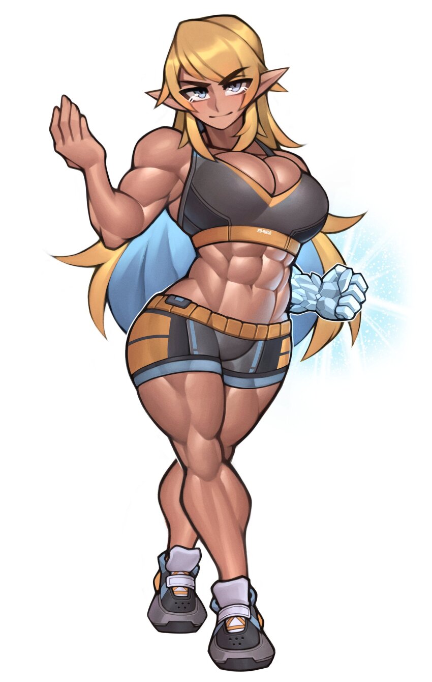 1girl abs absurdres biceps blonde_hair blue_eyes borrowed_character closed_mouth dark-skinned_female dark_skin hadairu_koseiri_(dsv) highres long_hair muscular muscular_female navel original pointy_ears roadi3 shoes simple_background smile sneakers solo white_background