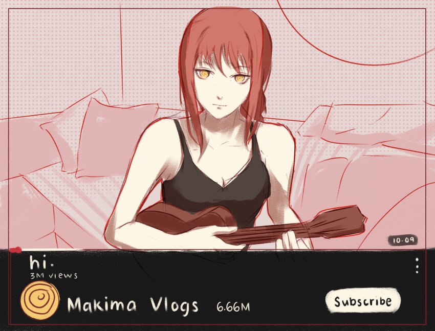 1girl black_tank_top braid braided_ponytail breasts chainsaw_man cleavage couch highres kozzz_y looking_at_viewer makima_(chainsaw_man) medium_breasts meme miranda_sings pillow red_hair ringed_eyes shirt sidelocks solo tank_top ukulele_apology_video_(meme) yellow_eyes youtube