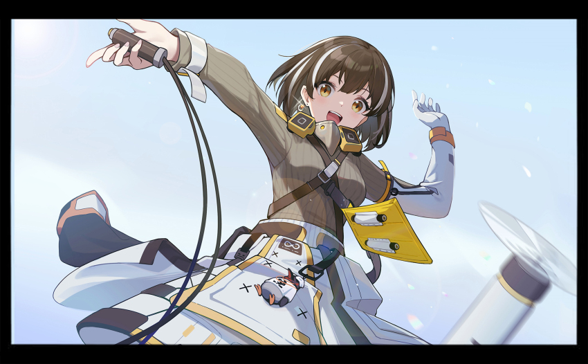 1girl :d arknights asymmetrical_sleeves bird_mask black_border blue_sky border breasts brown_hair brown_sweater chest_harness clothes_around_waist cloud cloudy_sky cowboy_shot drone earrings glint gloves grey_sky harness highres holding jewelry karoro long_sleeves looking_at_viewer magallan_(arknights) mask mask_around_neck medium_breasts multicolored_hair open_mouth outdoors overcast rhine_lab_logo ribbed_sweater short_hair single_earring single_glove sky smile solo streaked_hair sweater teeth turtleneck turtleneck_sweater two-tone_hair upper_teeth_only white_gloves white_hair yellow_eyes