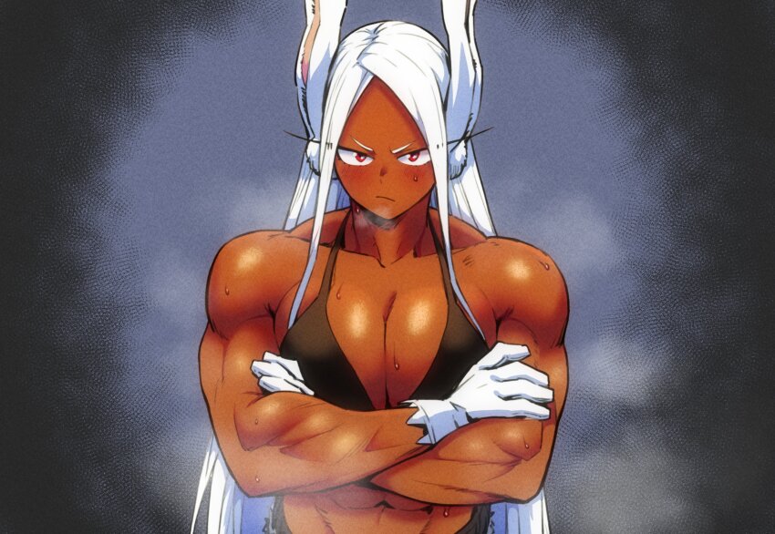 1girl :/ abs absurdres animal_ears artist_collaboration azraqshinji bare_shoulders bikini bikini_top_only black_bikini blush boku_no_hero_academia breasts breath closed_mouth collarbone colorized commentary crossed_arms dark-skinned_female dark_skin english_commentary gloves highres large_breasts long_eyelashes long_hair looking_at_viewer mirko muscular muscular_female navel parallaxfused parted_bangs rabbit_ears rabbit_girl red_eyes solo steaming_body sweat swimsuit upper_body very_long_hair white_gloves white_hair