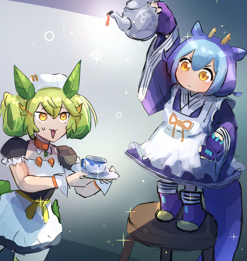 2girls black_dress blue_hair breasts cup dragon_girl dress duel_monster green_hair hatano_kiyoshi highres laundry_dragonmaid maid medium_breasts multiple_girls on_chair parlor_dragonmaid pouring standing standing_on_chair tea teacup teapot wa_maid yellow_eyes yu-gi-oh!