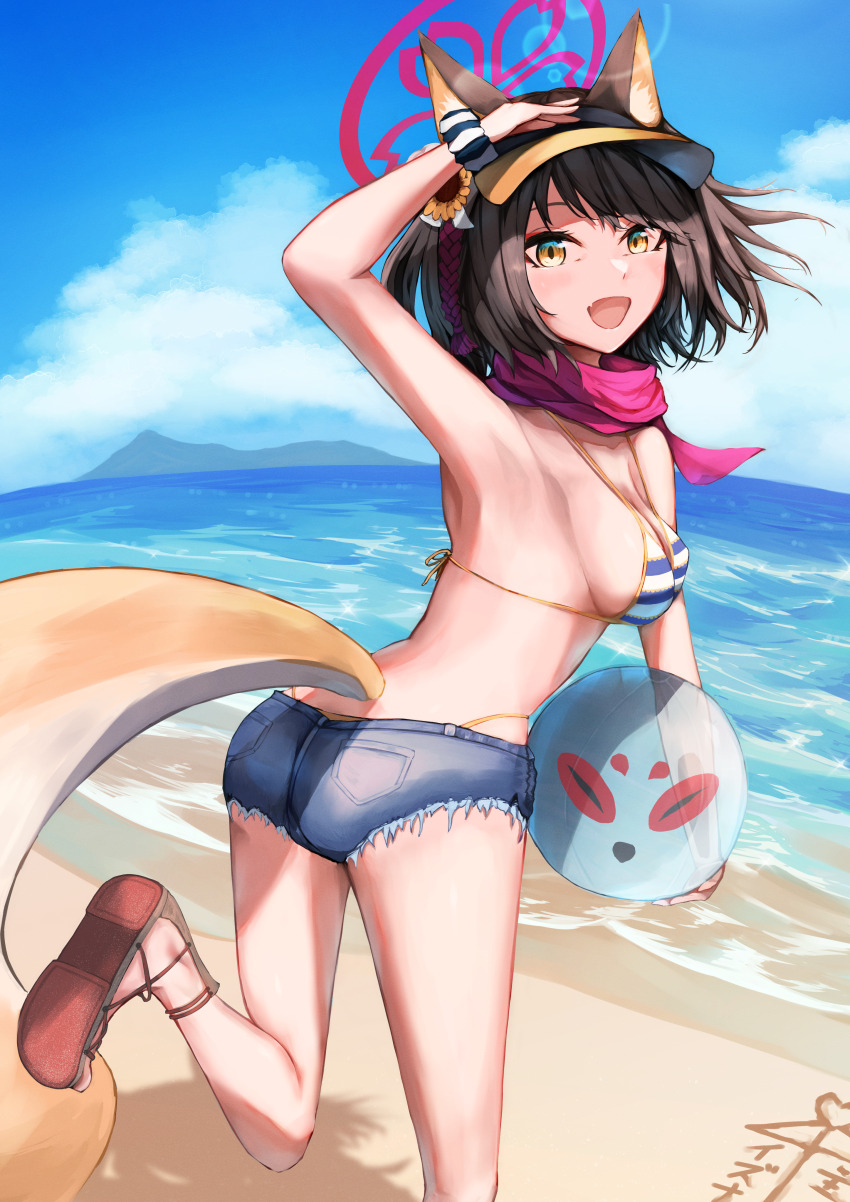 1girl absurdres animal_ear_fluff animal_ears armpits beach bikini blue_archive blush breasts brown_hair fox_ears fox_girl fox_tail halo highres izuna_(blue_archive) izuna_(swimsuit)_(blue_archive) looking_at_viewer navel official_alternate_costume ohal pink_halo presenting_armpit sandals scarf short_hair shorts sky solo striped_bikini striped_clothes swimsuit tail visor_cap water yellow_eyes