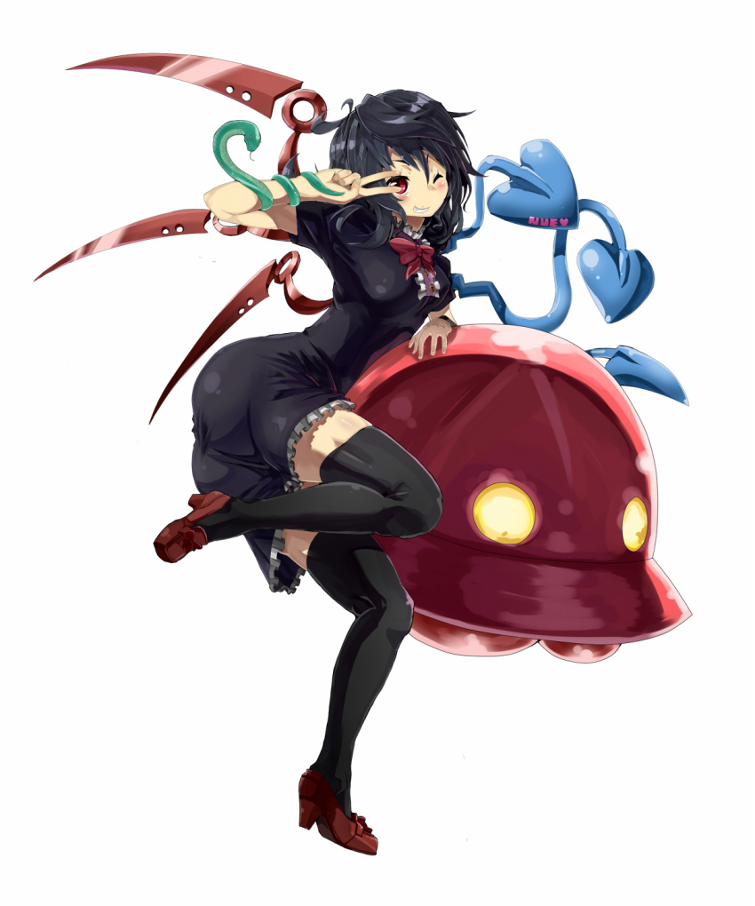 1girl asymmetrical_wings black_hair black_thighhighs blush character_name dress female_focus heart highres houjuu_nue iyoda_mato one_eye_closed red_eyes short_hair smile snake solo thighhighs touhou ufo wings wink zettai_ryouiki