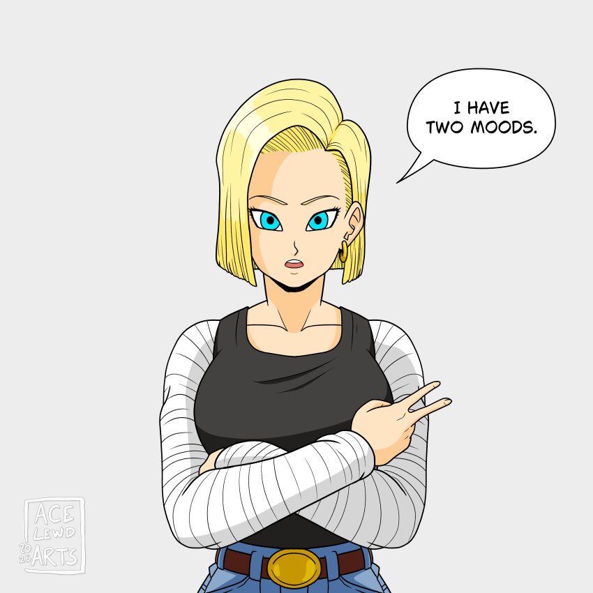 1girl acelewdarts android_18 blonde_hair blue_eyes dragon_ball english_text grey_background looking_at_viewer serious solo speech_bubble tagme