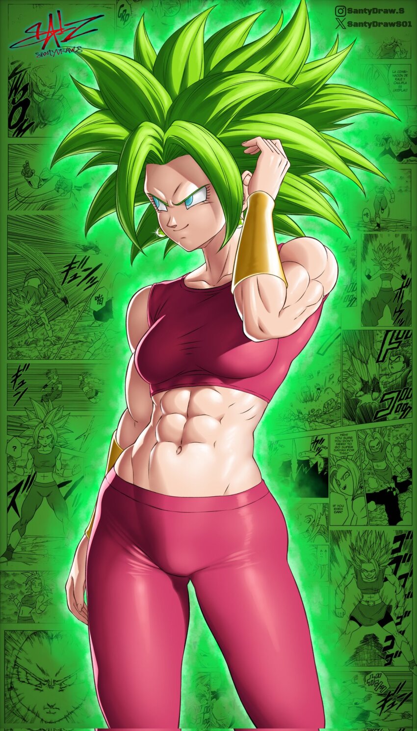 1girl blue_eyes bracer breasts caulifla dragon_ball dragon_ball_super earrings female_focus green_hair highres jewelry kale_(dragon_ball) kefla_(dragon_ball) long_hair manga_page medium_breasts muscular muscular_female potara_earrings santydraws01 skin_tight solo spiked_hair super_saiyan