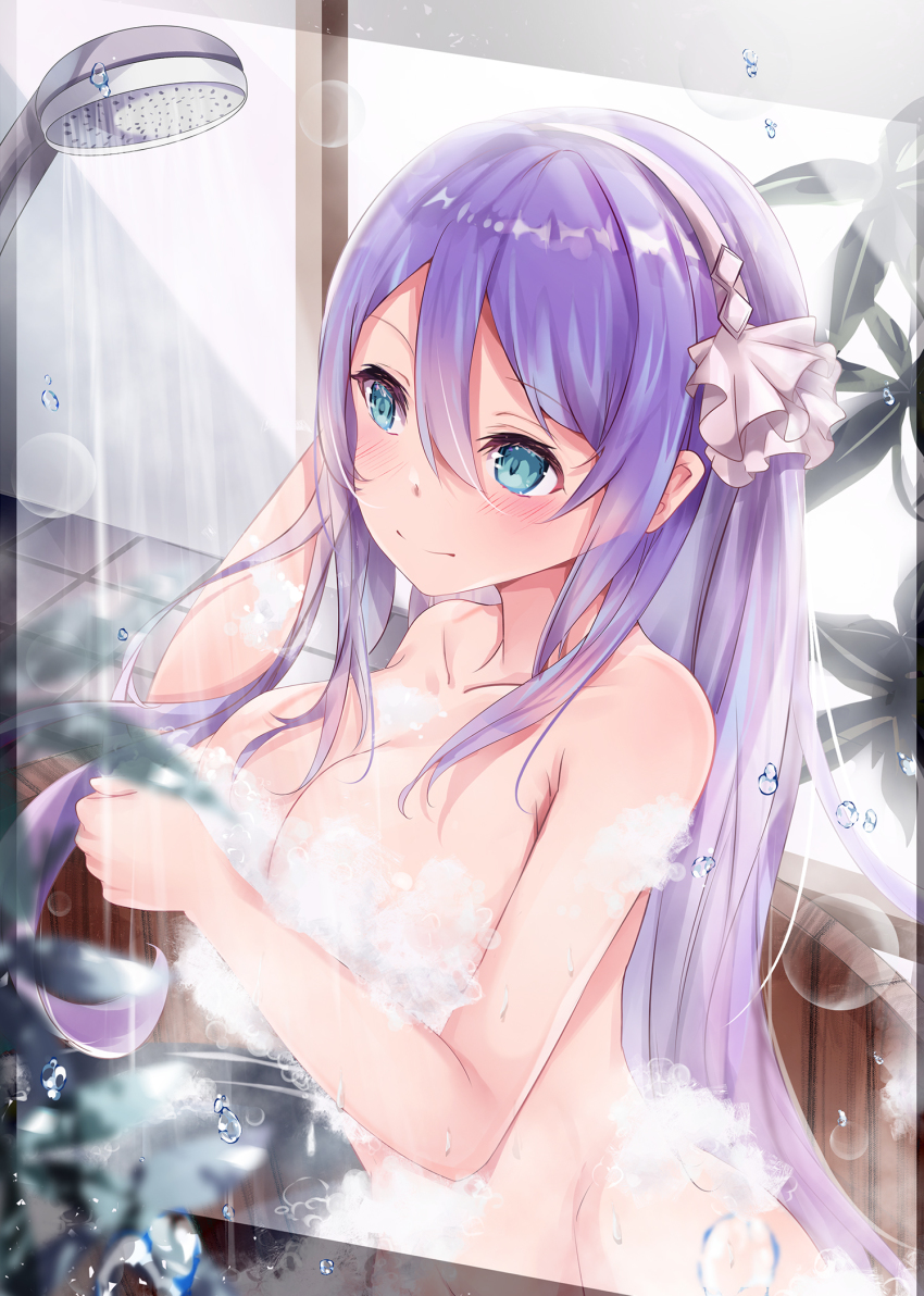 1girl aqua_eyes breasts closed_mouth completely_nude foam hair_between_eyes hair_ribbon hairband highres large_breasts long_hair mutang nude princess_connect! purple_hair ribbon shizuru_(princess_connect!) shower_head showering solo split_mouth water wet white_hairband white_ribbon