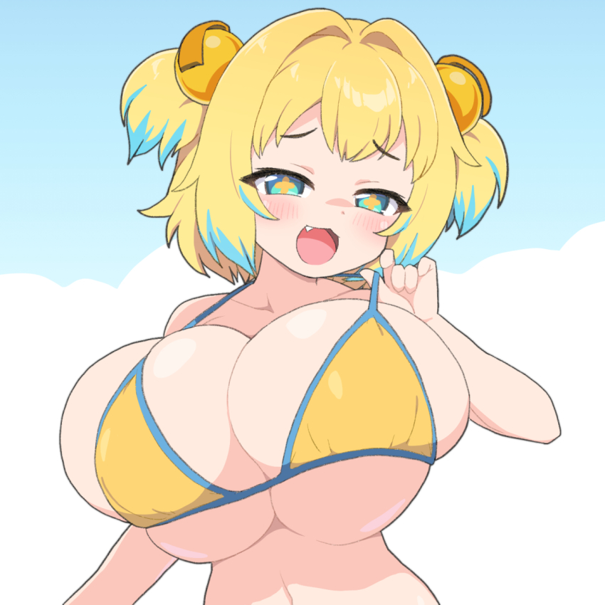 +_+ 1girl :d bikini bikini_top_pull blonde_hair blue_eyes blue_hair blush bombergirl breasts cleavage clover-shaped_pupils colored_tips commentary_request fang grenade_hair_ornament hair_intakes highres huge_breasts looking_at_viewer multicolored_hair open_mouth oppai_loli pine_(bombergirl) pulling_own_clothes shirogane_hakuba skindentation smile solo swimsuit symbol-shaped_pupils two-tone_hair two_side_up upper_body yellow_bikini yellow_pupils