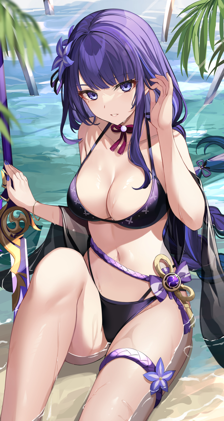 1girl absurdres bare_shoulders beach bikini black_bikini braid breasts cleavage collarbone engulfing_lightning_(genshin_impact) flower genshin_impact hair_flower hair_ornament highres katana large_breasts long_hair looking_at_viewer low-braided_long_hair low-tied_long_hair mole mole_under_eye naginata navel polearm purple_eyes purple_hair raiden_shogun shore sitting solo swimsuit sword takehana_note thighs very_long_hair weapon