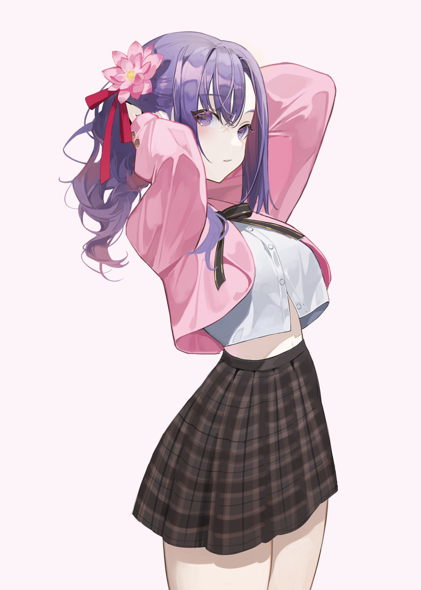 1girl arms_up blush breasts chyoel crop_top crop_top_overhang fate/stay_night fate_(series) flower hair_flower hair_ornament hair_ribbon highres jacket large_breasts long_hair long_sleeves looking_at_viewer matou_sakura pink_jacket purple_eyes purple_hair ribbon shirt skirt solo thighs