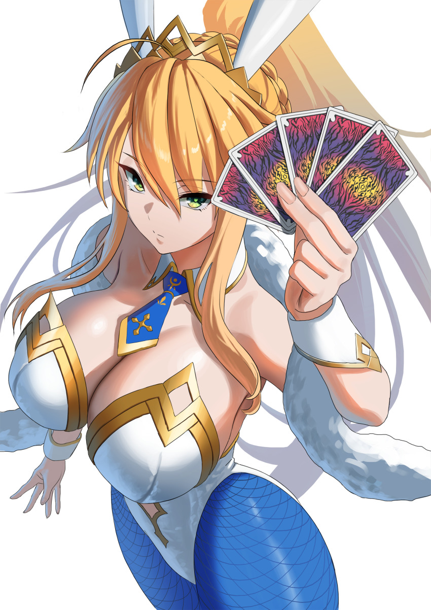 1girl absurdres ahoge animal_ears artoria_pendragon_(fate) artoria_pendragon_(swimsuit_ruler)_(fate) artoria_pendragon_(swimsuit_ruler)_(first_ascension)_(fate) bare_shoulders blonde_hair blue_pantyhose braid breasts card cleavage clothing_cutout detached_collar enun fate/grand_order fate_(series) feather_boa fishnet_pantyhose fishnets green_eyes hair_between_eyes highleg highleg_leotard highres large_breasts leotard long_hair looking_at_viewer navel_cutout necktie pantyhose playboy_bunny playing_card ponytail rabbit_ears sidelocks solo thighs tiara white_leotard wrist_cuffs