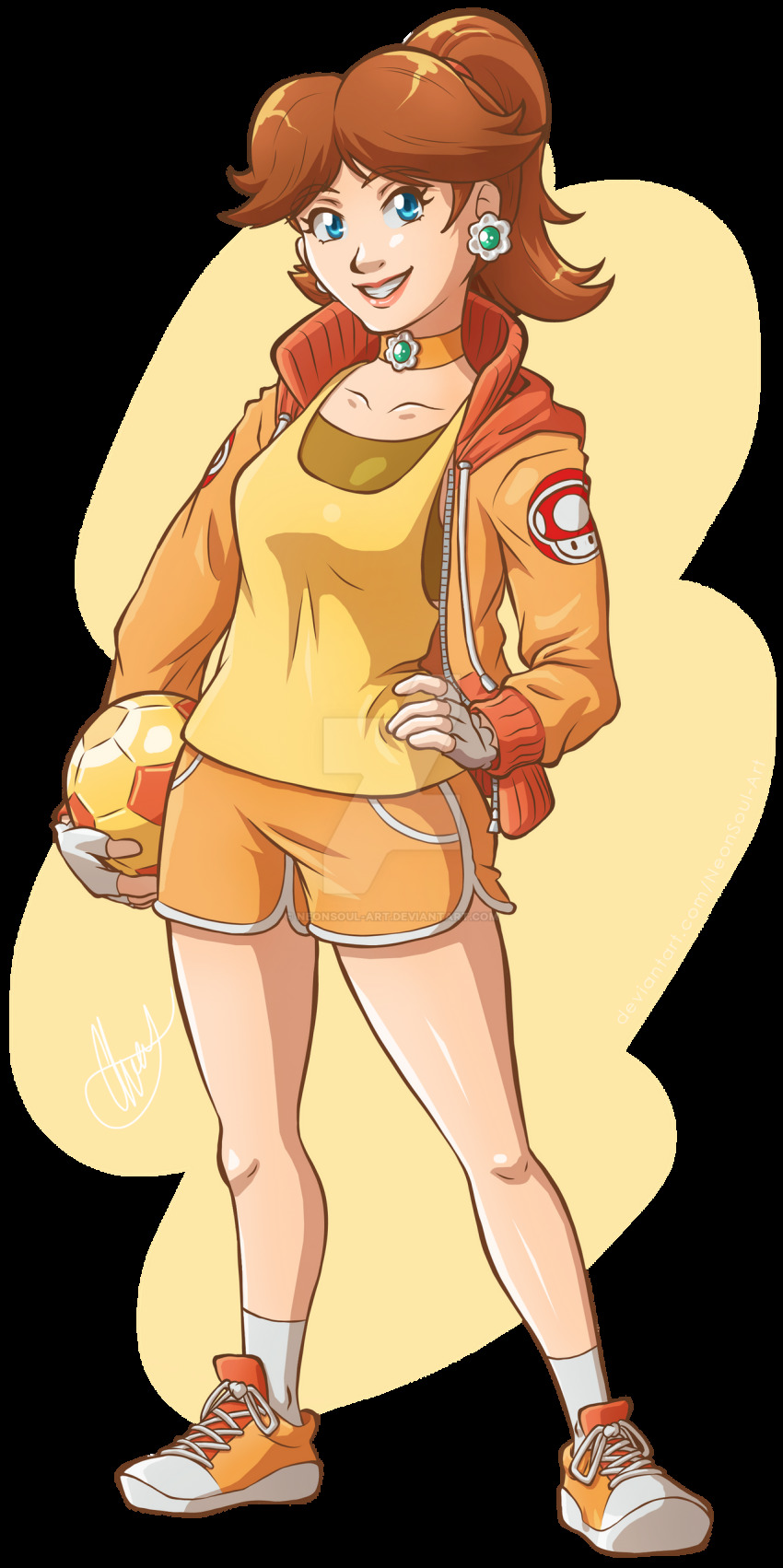 1girl absurdres ball blue_eyes breasts brown_hair choker earrings flower_earrings full_body gloves grin hand_on_own_hip highres jacket jewelry legs looking_at_viewer mario_(series) mario_strikers_(series) mushroom nintendo ponytail princess_daisy shorts smile soccer_ball solo standing super_mario_land super_mario_strikers tomboy