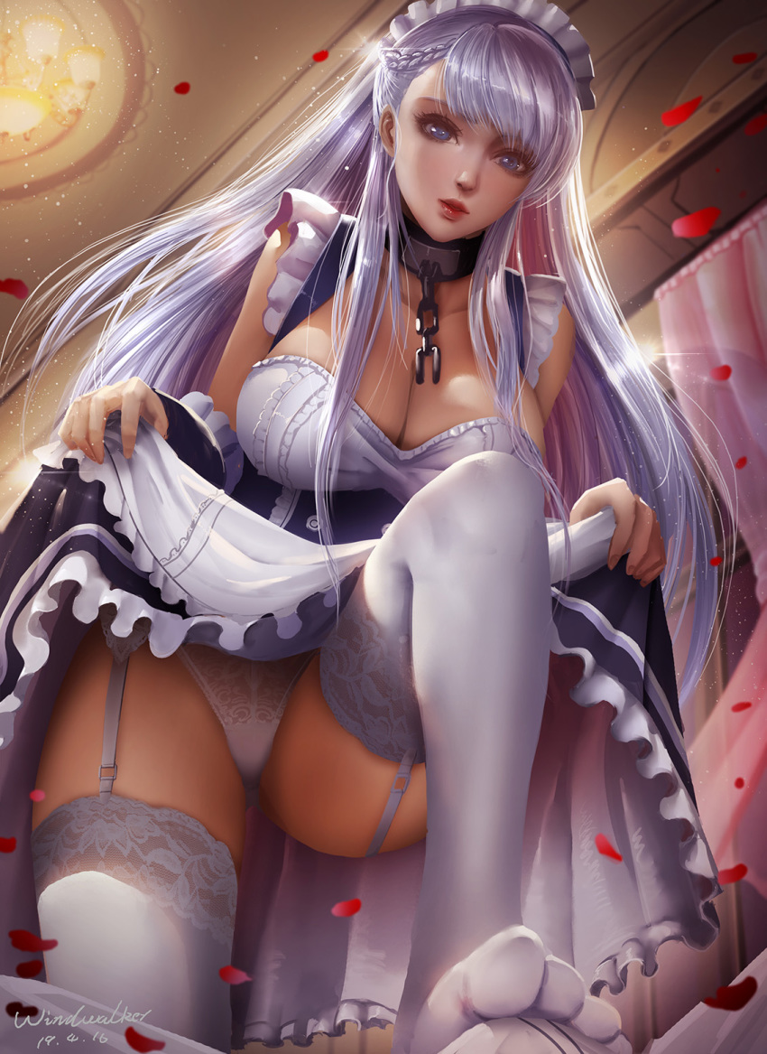 1girl apron asymmetrical_bangs azur_lane belfast_(azur_lane) blue_eyes braid breasts bulge chain cleavage clothes_lift collar commentary corset dress dress_lift english_commentary falling_petals footjob_over_clothes french_braid frilled_apron frilled_gloves frills from_below garter_straps gloves highres indoors lace lace-trimmed_legwear lace_panties lace_trim large_breasts long_hair looking_at_viewer maid maid_apron maid_headdress panties petals red_lips silver_hair solo_focus thighhighs turewindwalker underwear upskirt waist_apron white_apron white_thighhighs windwalker