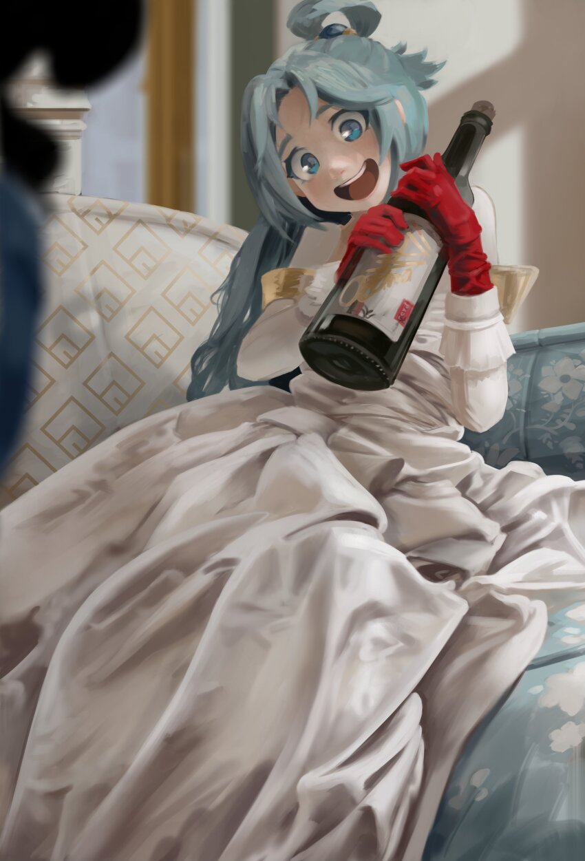 1girl absurdres alcohol alternate_costume aqua_(konosuba) blue_eyes blue_hair bottle couch dana_(ocana_dana) dress gloves highres holding holding_bottle kono_subarashii_sekai_ni_shukufuku_wo! on_couch open_mouth red_gloves single_hair_ring sitting solo white_dress