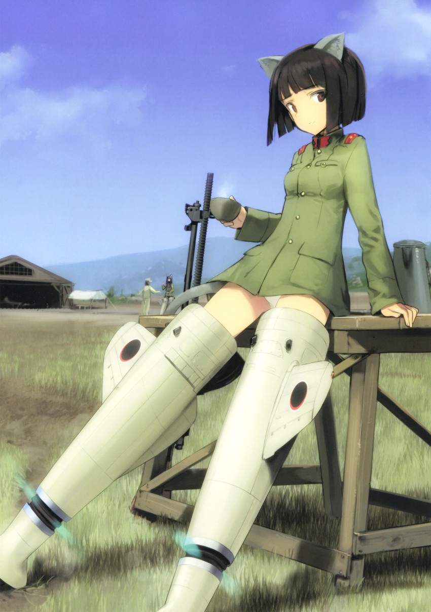 absurdres animal_ears black_hair bob_cut brown_eyes cup day etou_toshiko highres military military_uniform non-web_source official_art outdoors panties shimada_fumikane short_hair solo strike_witches_zero striker_unit underwear white_panties world_witches_series