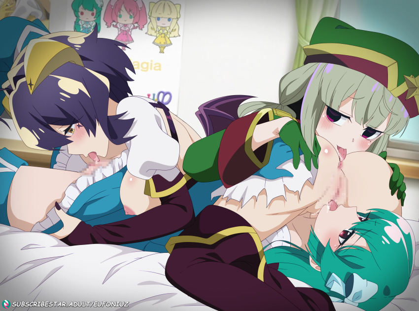 3girls 69 anilingus araga_kiwi ass breasts censored cunnilingus eufoniuz fff_threesome from_side green_hair group_sex half-closed_eyes highres hiiragi_utena horns indoors large_breasts leoparde_(mahou_shoujo_ni_akogarete) lying magia_azure magia_baiser mahou_shoujo_ni_akogarete minakami_sayo mosaic_censoring multiple_girls nipples on_back on_bed oral paid_reward_available purple_hair saliva shrug_(clothing) subscribestar_logo subscribestar_username symbol-shaped_pupils threesome tongue tongue_out watermark web_address white_shrug yellow_eyes yellow_horns yuri