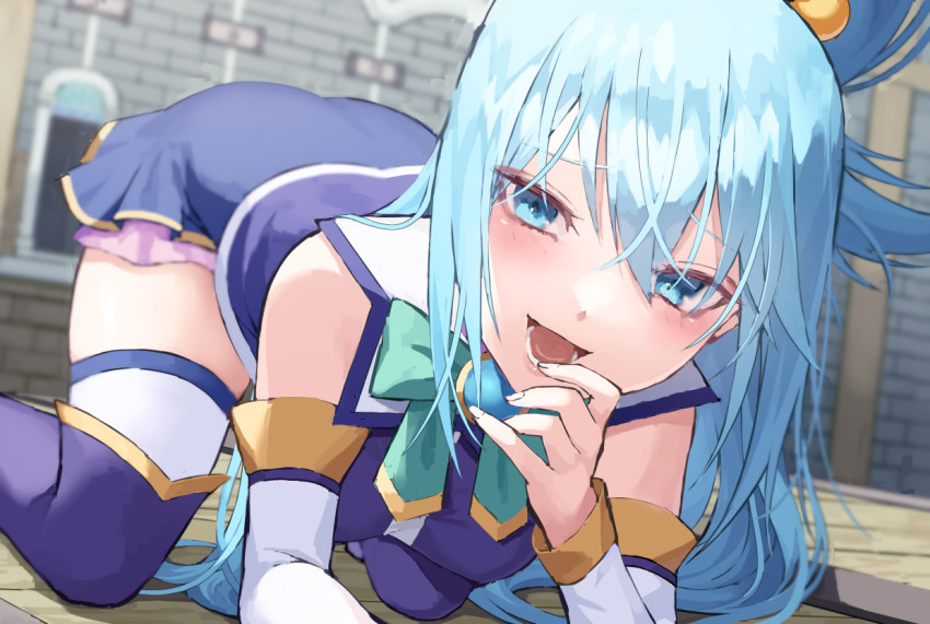 1girl aqua_(konosuba) blue_eyes blue_hair blush fagi_(kakikaki) kono_subarashii_sekai_ni_shukufuku_wo! long_hair looking_at_viewer open_mouth outdoors solo