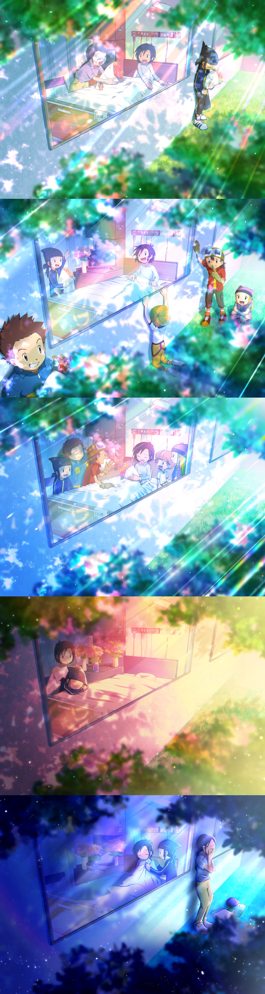 absurdres digimon flower goggles goggles_on_head highres himi_tomoki hospital incredibly_absurdres kanbara_takuya kimura_kouichi minamoto_kouji mother_and_son orimoto_izumi shibayama_junpei siblings twins