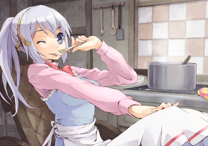 1girl apron bad_id bad_pixiv_id blue_eyes cooking female_focus kitchen licking long_hair maeda_risou one_eye_closed outstretched_arm ponytail pot solo spoon sylvette_suede tegami_bachi tongue wheelchair white_hair wink