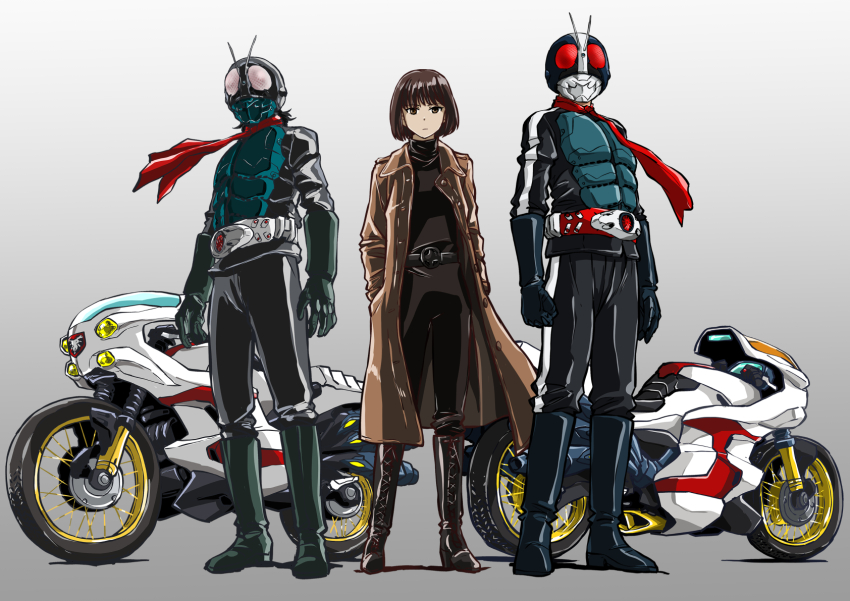 1girl 2boys armor belt black_gloves black_hair black_pants bodysuit boots bug coat compound_eyes cyclone_(kamen_rider) full_body gloves grasshopper green_armor green_gloves green_helmet grey_background helmet highres insect kamen_rider kamen_rider_1_(shin) kamen_rider_2_(shin) long_coat long_sleeves looking_at_viewer midorikawa_ruriko_(shin_kamen_rider) multiple_boys pants red_eyes red_scarf rider_belt scarf shin_kamen_rider short_hair taiga_hiroyuki tokusatsu trench_coat typhoon_(kamen_rider)