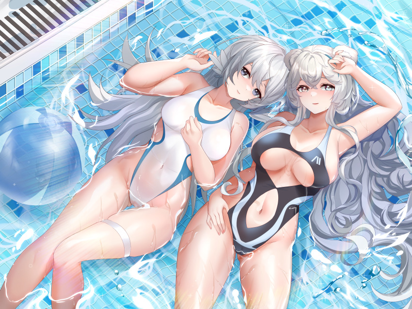 2girls absurdres arknights arm_up ball bare_arms bare_legs beachball black_one-piece_swimsuit breasts breasts_apart center_opening clothing_cutout commentary_request competition_swimsuit covered_navel crossed_bangs floating gluteal_fold grey_eyes grey_hair highres large_breasts lingshalan long_hair looking_at_viewer lying mulberry_(arknights) multiple_girls navel navel_cutout on_back one-piece_swimsuit outdoors partially_submerged pool rosa_(arknights) sidelocks swimsuit thigh_strap very_long_hair wet white_one-piece_swimsuit