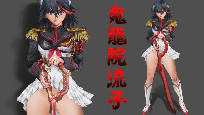 10s 1girl adapted_costume alternate_universe black_hair blue_eyes boots censored clothes_lift convenient_censoring day dress epaulettes fusion hair_ornament hairclip highres junketsu kill_la_kill legs lips matoi_ryuuko multicolored_hair nanba_tamashii no_panties ponsuke_(pon00000) scissor_blade_(kill_la_kill) see-through_clothes senketsu short_hair skirt skirt_lift streaked_hair weapon