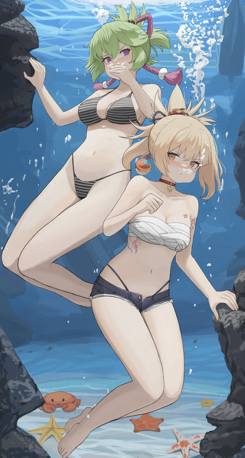 2girls absurdres bare_shoulders bikini blonde_hair blush breasts chest_sarashi dolri genshin_impact green_hair hair_between_eyes high_ponytail highres kuki_shinobu large_breasts long_hair looking_at_viewer medium_breasts multiple_girls navel ponytail purple_eyes sarashi sidelocks swimsuit underwater yellow_eyes yoimiya_(genshin_impact)