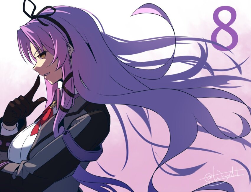 1girl black_gloves bow breasts countdown curtained_hair eiyuu_densetsu floating_hair from_side gloves gradient_background hair_bow kai_no_kiseki kuro_no_kiseki_(series) large_breasts long_hair purple_background renne_(eiyuu_densetsu) sidelocks solo tinybiard twitter_username upper_body yellow_eyes