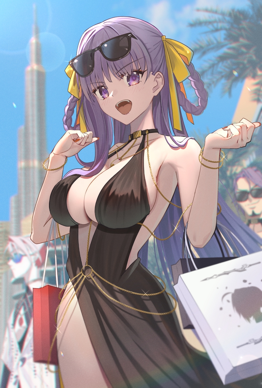 1girl 2boys absurdres bag bare_shoulders bb_dubai_(fate) black_dress braid braided_hair_rings breasts burj_khalifa center_opening chain cleavage dress duryodhana_(fate) fate/grand_order fate_(series) gold_chain hair_ribbon hair_rings highres jewelry karna_(fate) karna_(summer_outfit)_(fate) large_breasts long_hair looking_at_viewer mishiro_(ixtlolton) multiple_boys nail_polish necklace open_mouth purple_eyes purple_hair ribbon shopping_bag smile solo_focus very_long_hair yellow_ribbon