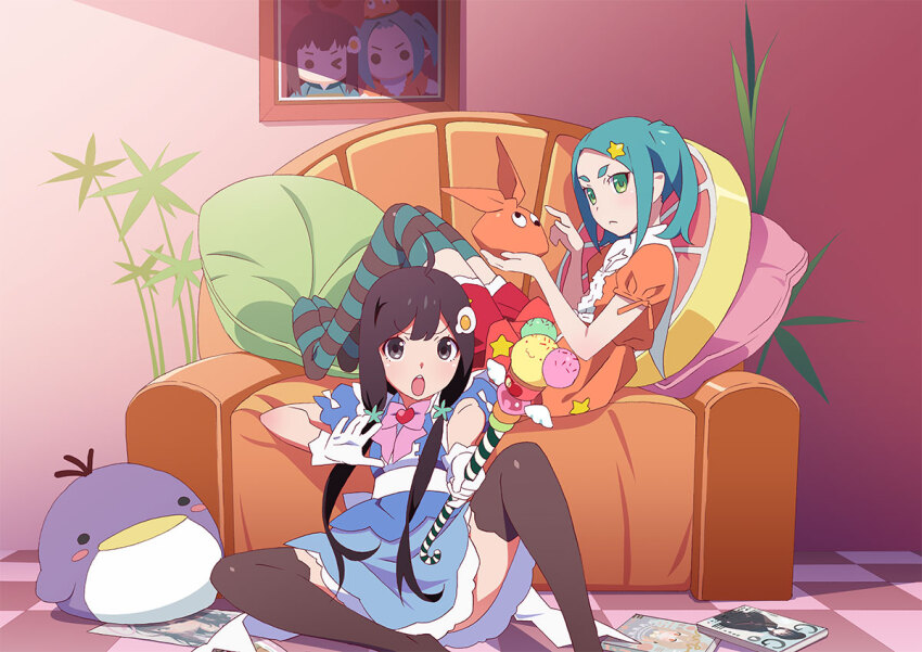 2girls :&lt; :o ahoge aqua_thighhighs araragi_tsukihi armchair belt black_eyes black_hair black_thighhighs blue_dress bow bowtie braid breasts brooch chair checkered_floor closed_mouth day dress egg_hair_ornament end_card expressionless food-themed_hair_ornament fried_egg frilled_dress frills from_side gloves googly_eyes gradient_clothes gradient_dress green_eyes hair_ornament hair_over_shoulder hat heart hikimayu holding holding_hat holding_unworn_clothes holding_wand index_finger_raised indoors jewelry knee_up leaning_back long_hair looking_at_viewer looking_to_the_side lounging low_twin_braids magazine_(object) magical_girl monogatari_(series) multiple_girls no_shoes official_alternate_costume official_art on_chair on_floor ononoki_yotsugi open_mouth orange_dress orange_hat parted_bangs petticoat picture_frame pillow pink_bow pink_bowtie plant pointy_ears puffy_short_sleeves puffy_sleeves red_dress round_teeth short_eyebrows short_sleeves shouting sidelocks sitting small_breasts spread_legs star_(symbol) star_hair_ornament stuffed_animal stuffed_food stuffed_penguin stuffed_toy teeth thick_eyebrows thighhighs tile_floor tiles twin_braids twintails unworn_hat unworn_headwear upper_teeth_only v-shaped_eyebrows very_long_hair wand watanabe_akio white_belt white_gloves white_trim winged_wand zettai_ryouiki