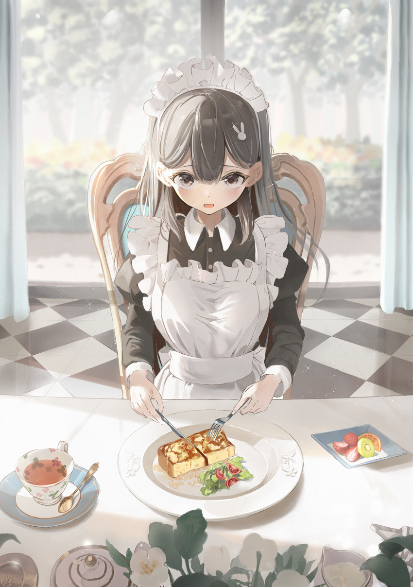 1girl apron black_dress black_hair blush chair checkered_floor collared_dress commentary_request cup curtains dress flower food_request fork frilled_apron frills grey_eyes hair_between_eyes highres holding holding_fork holding_knife juliet_sleeves knife long_sleeves maid maid_apron maid_headdress on_chair open_mouth original plate puffy_sleeves saucer shii_(kairi-t-k0317) solo spoon table tea teacup white_apron white_flower window