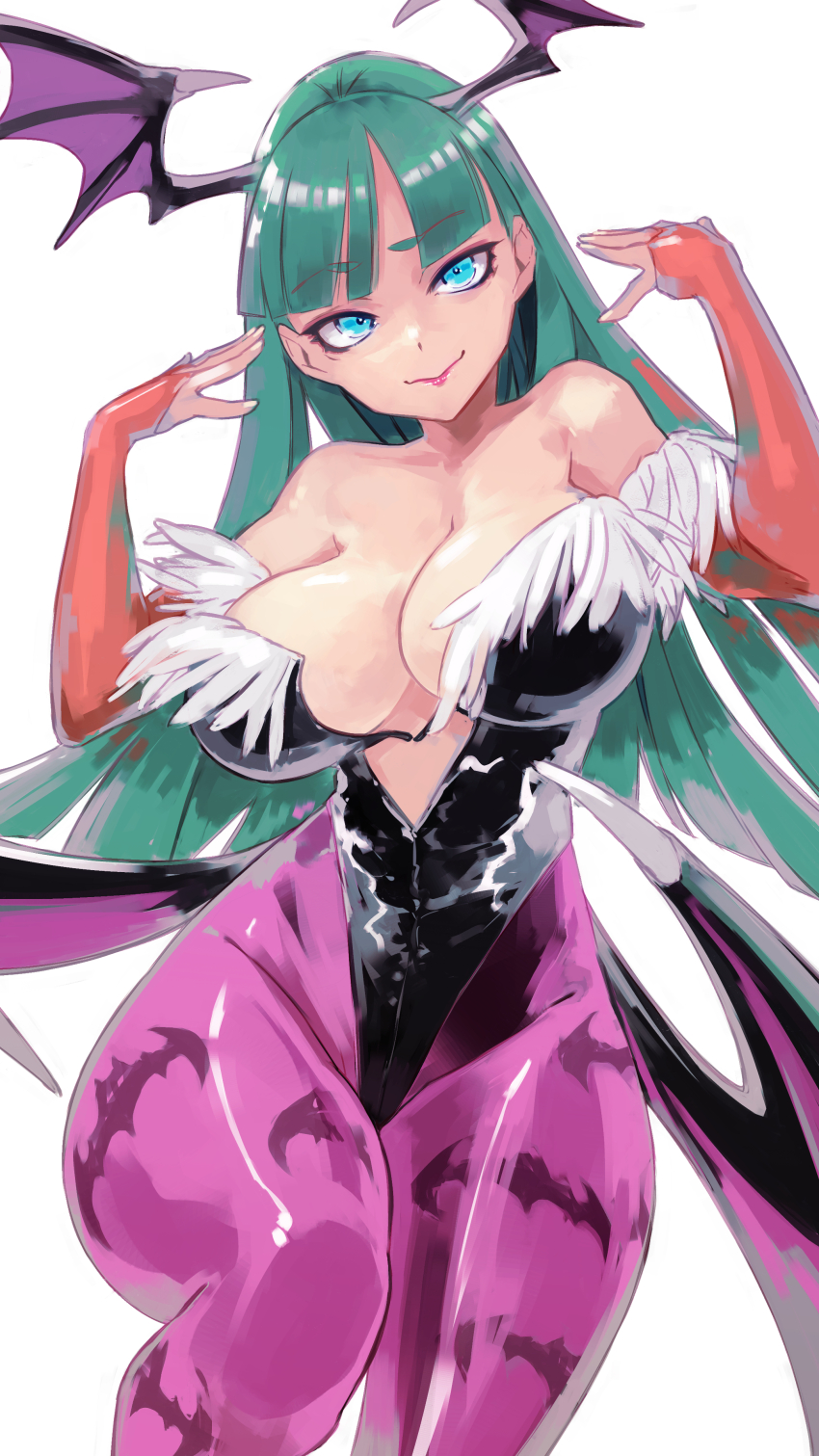 1girl absurdres animal_print bare_shoulders bat_print black_leotard breasts cleavage clothing_cutout cowboy_shot cutout_above_navel darkstalkers demon_girl demon_wings green_eyes grey_hair head_wings heart_cutout highres king_rooper large_breasts leotard long_hair morrigan_aensland pantyhose print_pantyhose purple_pantyhose simple_background solo white_background wings