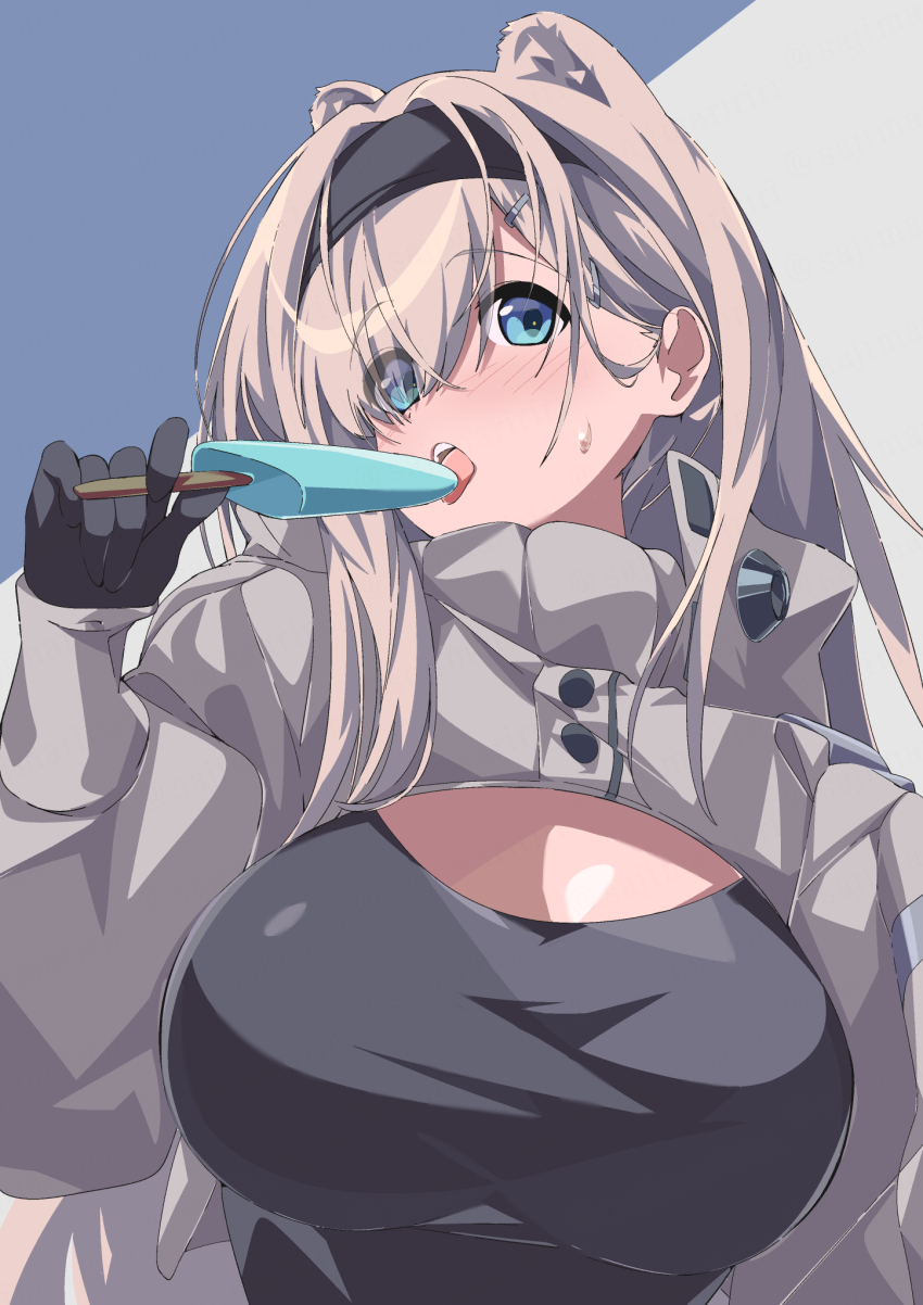 1girl animal_ears arknights aurora_(arknights) bear_ears black_gloves black_hairband black_shirt blue_background blue_eyes blush breasts commentary_request food gloves grey_background grey_hair hairband hand_up highres holding holding_food large_breasts long_hair looking_at_viewer open_mouth popsicle sajimaririri shirt shrug_(clothing) solo two-tone_background upper_body