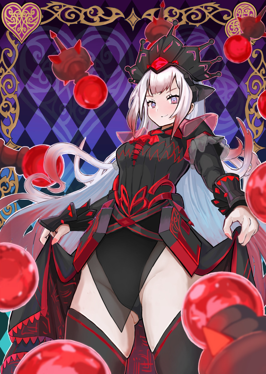 black_dress blush chess_piece closed_mouth clothes_lift crown dress dress_lift duel_monster from_below highleg highleg_leotard highres leotard malice&lt;q&gt;red_ransom naeki_iroha pawn_(chess) presenting purple_eyes smile white_hair yu-gi-oh!