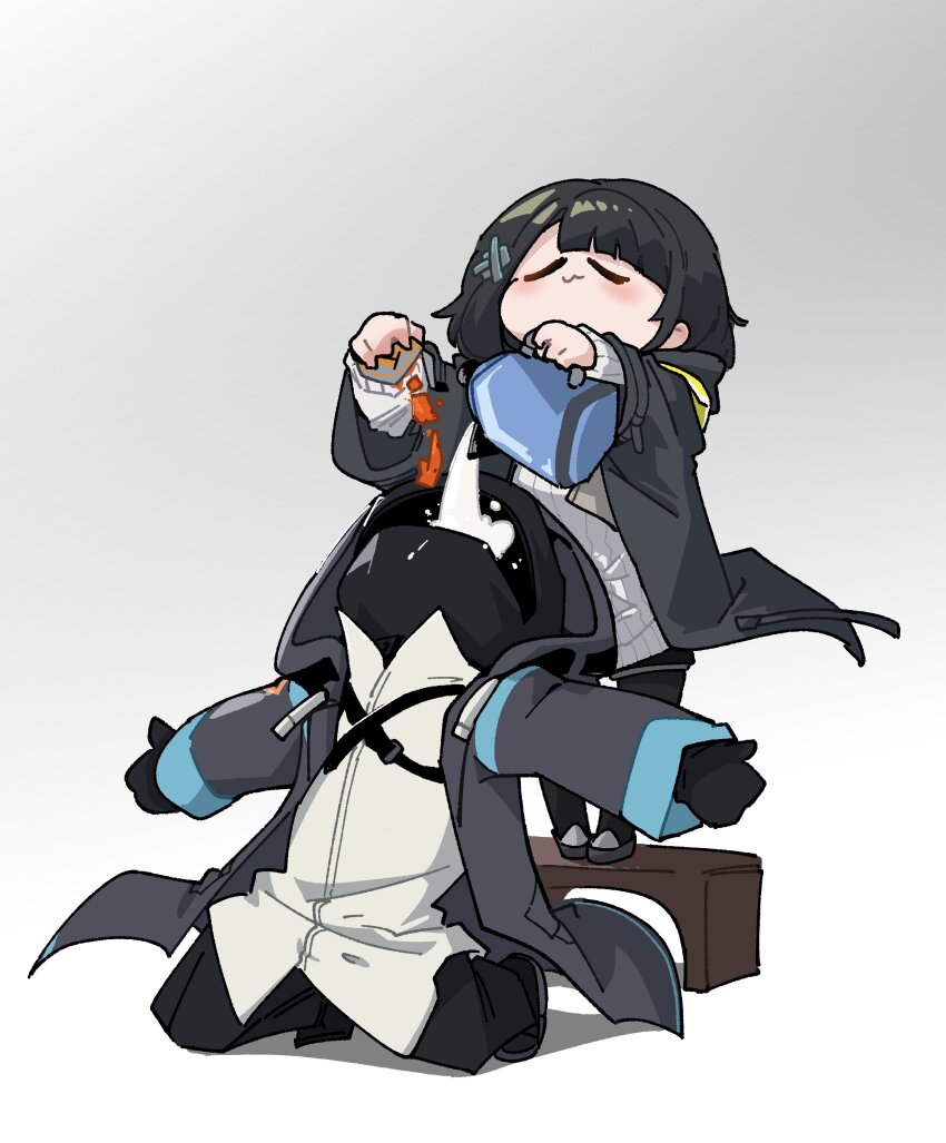 1girl 1other absurdres ambiguous_gender arknights arknights:_endfield black_coat black_footwear black_gloves black_hair black_pants chibi coat doctor_(arknights) endministrator_(arknights) female_endministrator_(arknights) gloves highres hood hooded_coat ingsae kettle kneeling mask outstretched_arms pants pouring shirt short_hair white_shirt