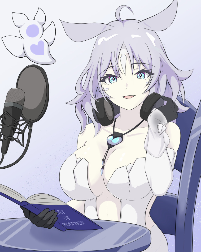 1girl ahoge arbiter_the_lovers_vi_(azur_lane) asmr azur_lane blue_eyes book breasts center_opening dress facial_mark familiar hand_up headphones headphones_around_neck highres holding holding_book jaggi_95 jewelry large_breasts looking_at_viewer medium_hair microphone necklace parted_lips purple_hair siren_(azur_lane) sitting sleeveless sleeveless_dress smile solo star-shaped_pupils star_(symbol) symbol-shaped_pupils table white_dress